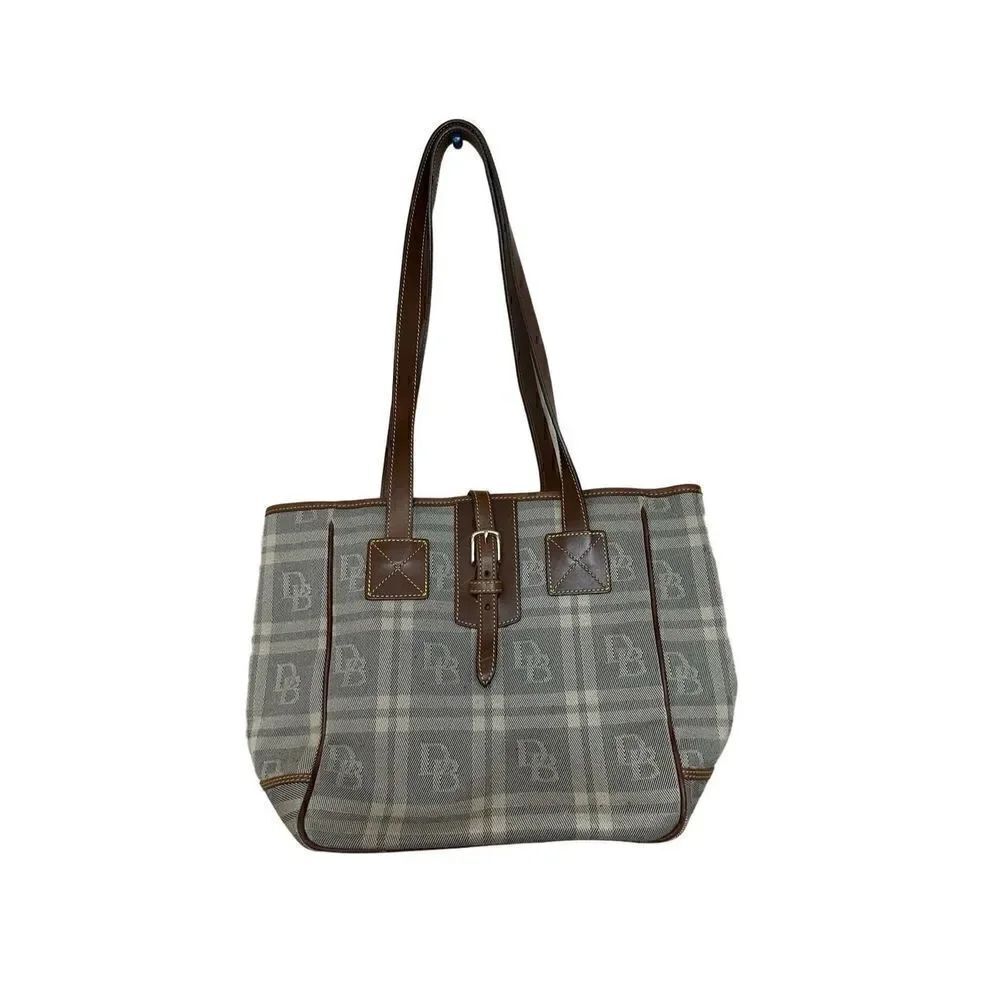 Vintage Dooney & Bourke Brown Tan Plaid Leather Trim Womens Purse Tote Bag